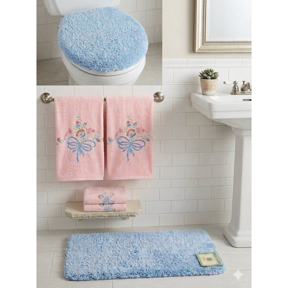JCPenney Favorite Things Vintage 6pc Bath Towel Set Pink Blue Floral Embroidered